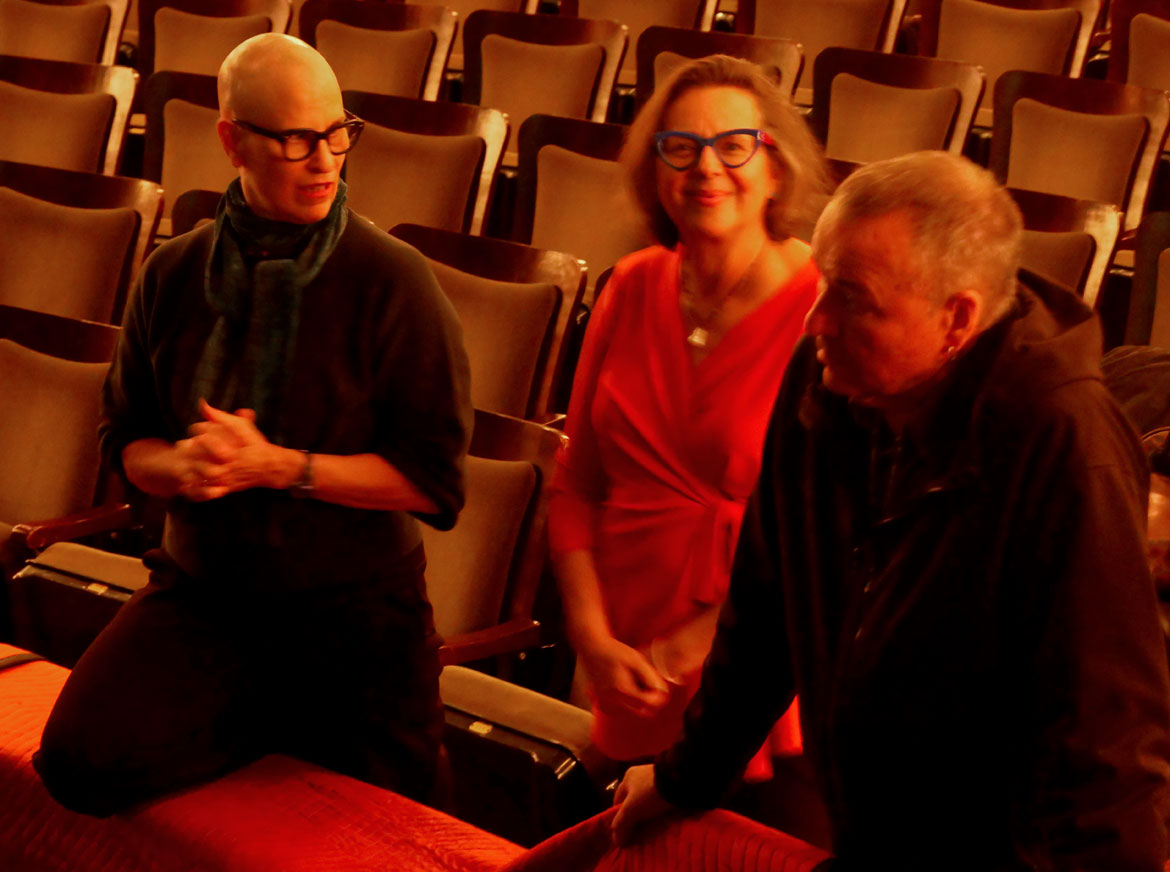 Choreographer Rebecca Lazier (from left), sculptor Janet Echelman and producer Gregg Parks at rehearsal for "Noli Timere" at ArtsEmerson's Emerson Cutler Majestic Theatre, Jan 24, 2026. (©Greg Cook photo)
