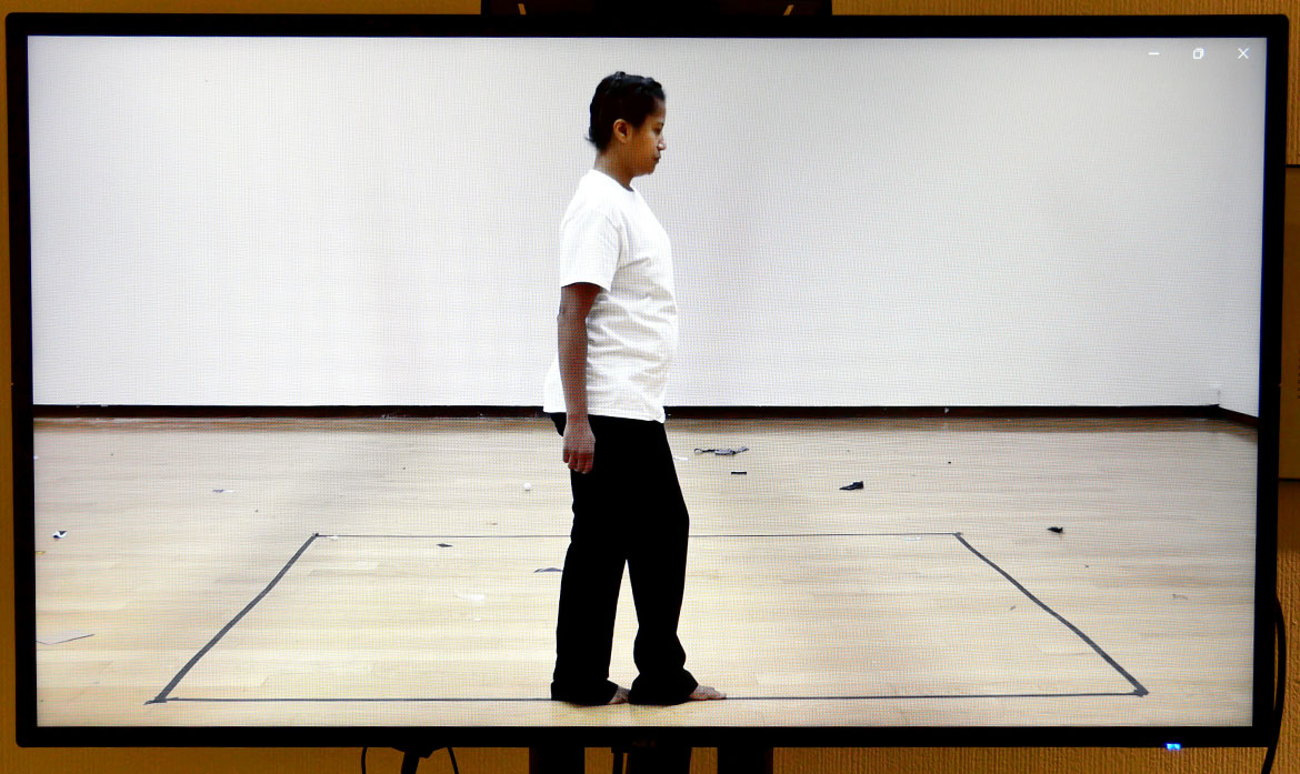Dell M. Hamilton, "Walking in an Exaggerated Manner (After Bruce Nauman), 10-minute video, 2023.