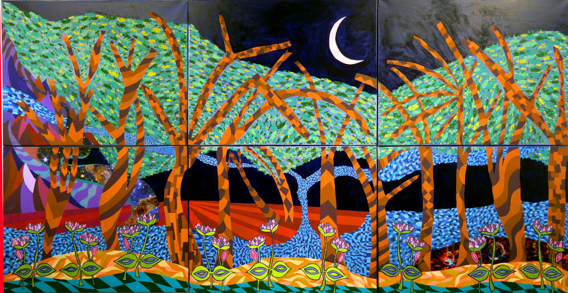 Karmimadeebora McMillan, "In Search of the Black Fantastic, acrylic and collage on six panels, 2024.