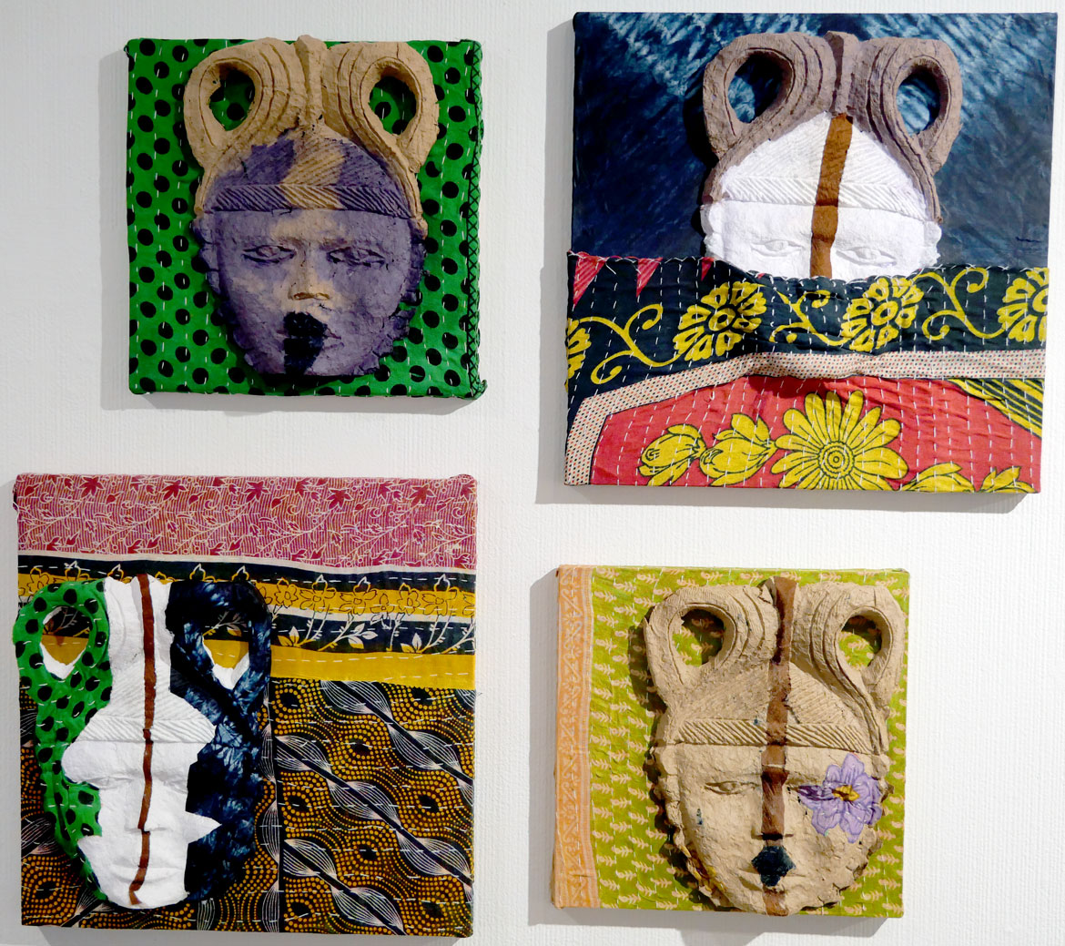 Karmimadeebora McMillan, "The Once and Future African Goddess" series, acrylic, cast paper pulp, found fibers on wood, 2025.