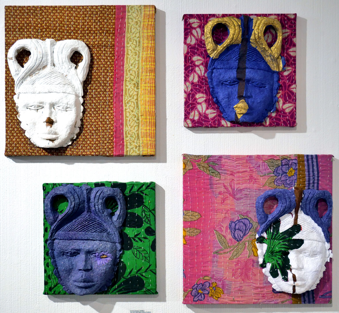 Karmimadeebora McMillan, "The Once and Future African Goddess" series, acrylic, cast paper pulp, found fibers on wood, 2025.