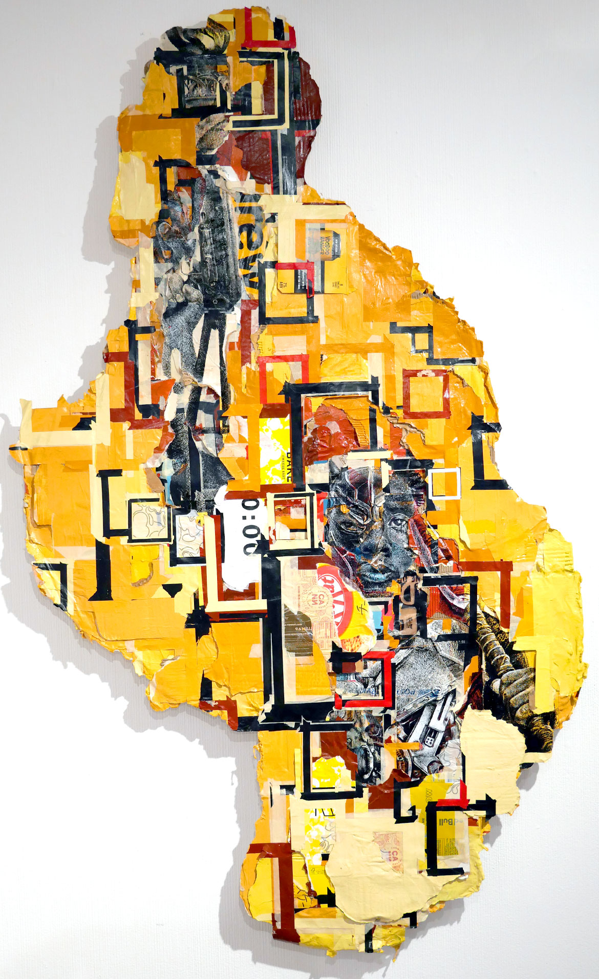 Jamal Thorne, "Co-Defendant No 1," acrylic and found materials on paper, 2023.