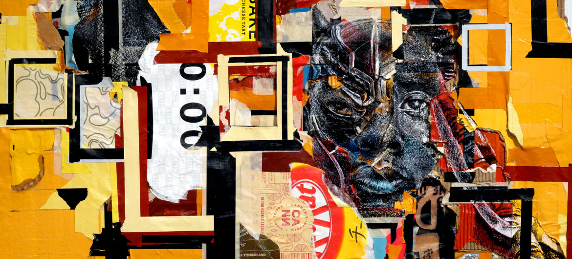 Jamal Thorne, "Co-Defendant No 1," acrylic and found materials on paper, 2023.
