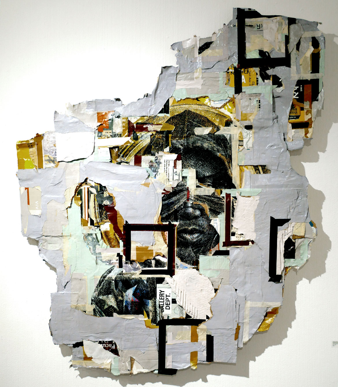 Jamal Thorne, "Co-Defendant No 6," mixed media and found materials on paper, 2024.