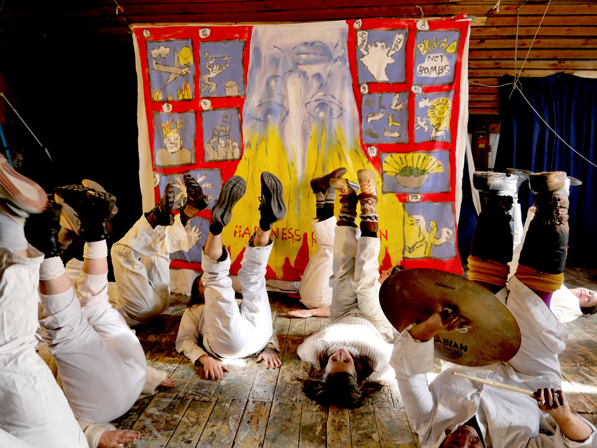 Bread and Puppet Theater performs "Happiness Obligation Prologue" in the Ballroom at the Glover, Vermont, farm, Feb. 8, 2026. (©Greg Cook photo)