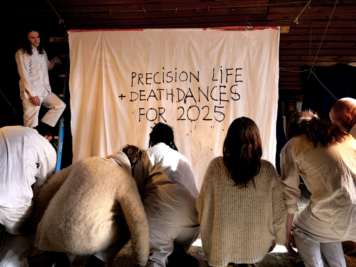 Bread and Puppet Theater performs “Life and Death Precision Dances” in the Ballroom at the Glover, Vermont, farm, Feb. 8, 2026. (©Greg Cook photo)