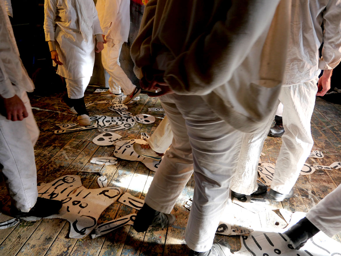 Bread and Puppet Theater performs “Life and Death Precision Dances” in the Ballroom at the Glover, Vermont, farm, Feb. 8, 2026. (©Greg Cook photo)