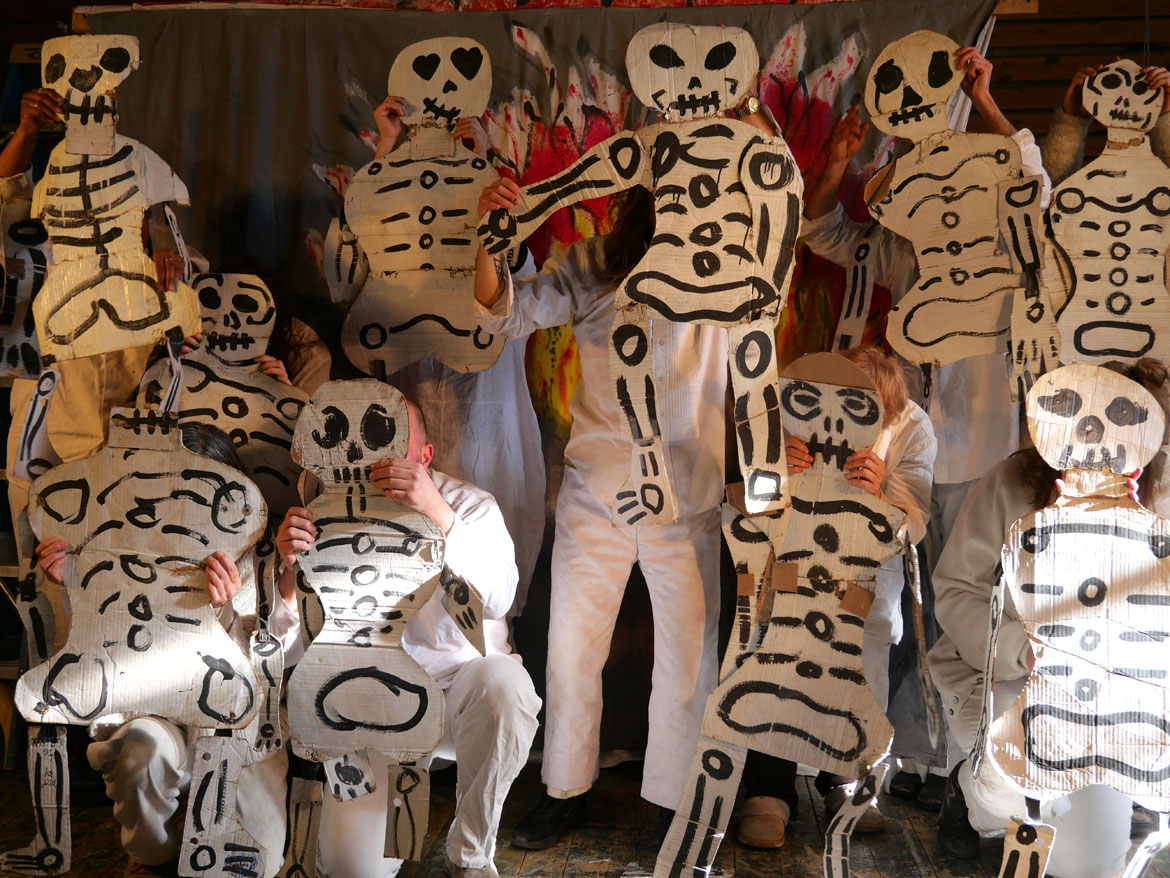 Bread and Puppet Theater performs “Life and Death Precision Dances” in the Ballroom at the Glover, Vermont, farm, Feb. 8, 2026. (©Greg Cook photo)