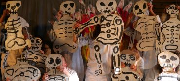 Bread and Puppet Theater performs “Life and Death Precision Dances” in the Ballroom at the Glover, Vermont, farm, Feb. 8, 2026. (©Greg Cook photo)