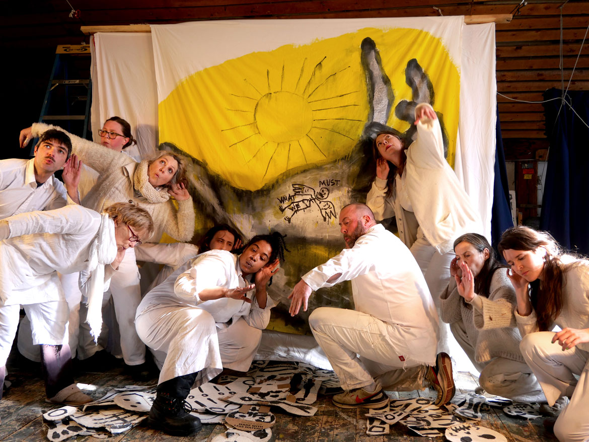 Bread and Puppet Theater performs “Life and Death Precision Dances” in the Ballroom at the Glover, Vermont, farm, Feb. 8, 2026. (©Greg Cook photo)