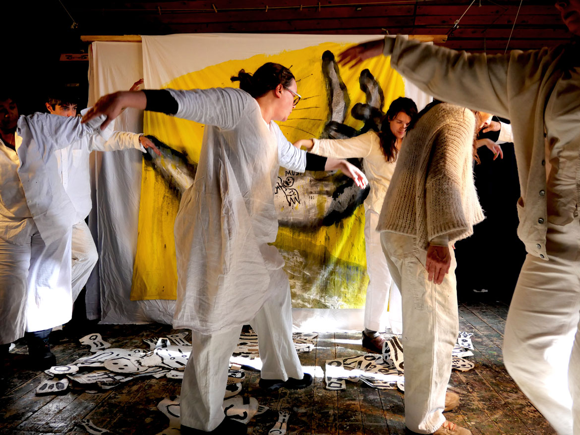 Bread and Puppet Theater performs “Life and Death Precision Dances” in the Ballroom at the Glover, Vermont, farm, Feb. 8, 2026. (©Greg Cook photo)