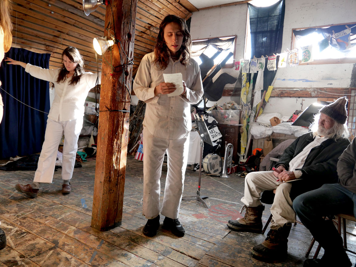 Bread and Puppet Theater performs “Life and Death Precision Dances” in the Ballroom at the Glover, Vermont, farm, Feb. 8, 2026. (©Greg Cook photo)