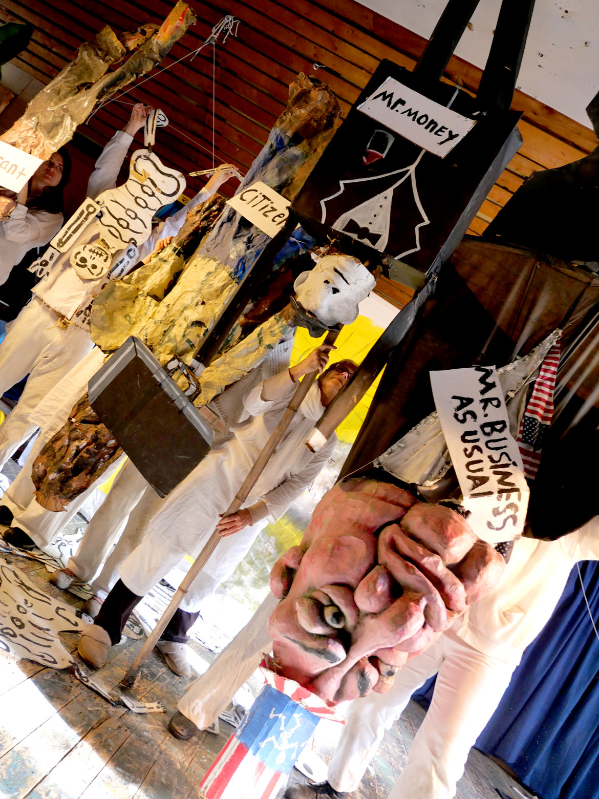 Bread and Puppet Theater performs “Life and Death Precision Dances” in the Ballroom at the Glover, Vermont, farm, Feb. 8, 2026. (©Greg Cook photo)