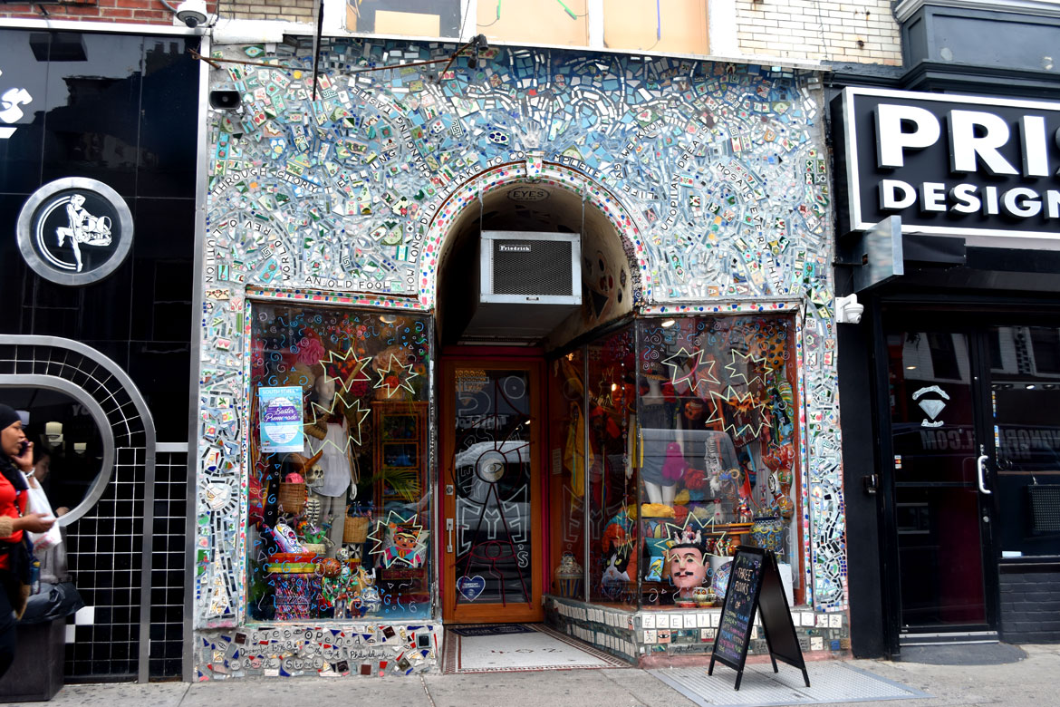 Isaiah Zagar mural mosaic across his wife Julia's Eye Gallery in Philadelphia, April 2019. (©Greg Cook photo)