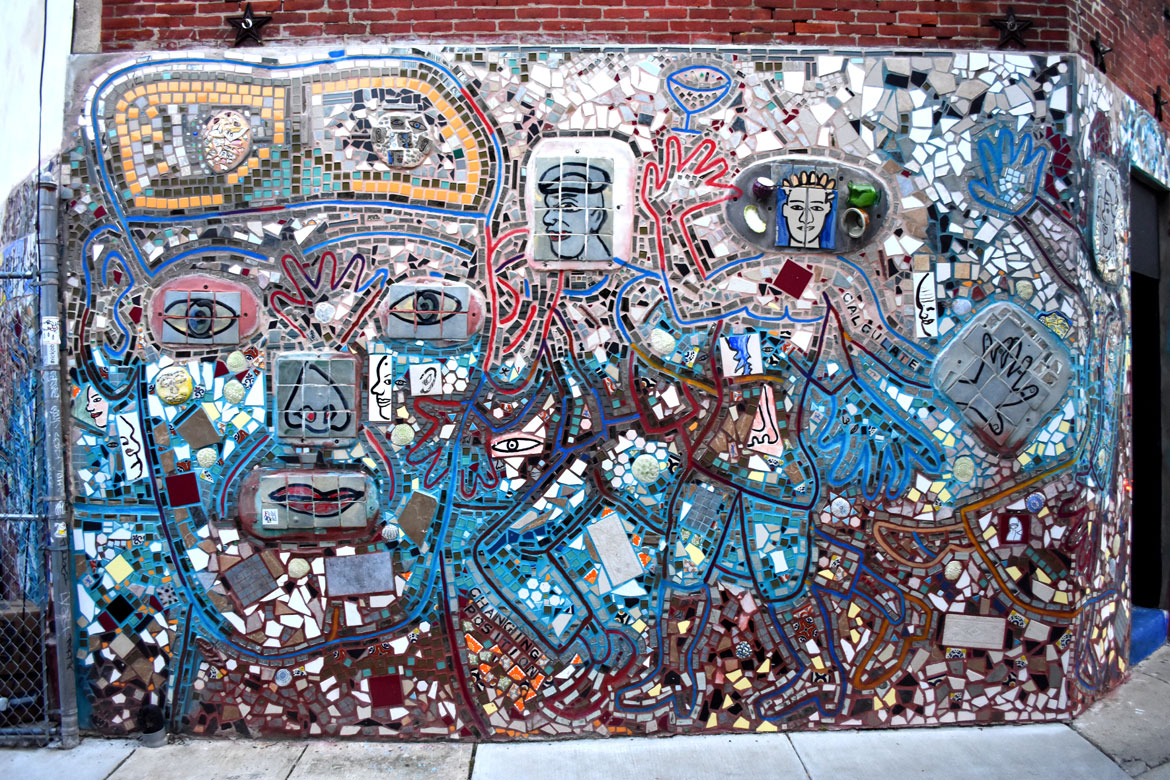 Isaiah Zagar mural mosaic in Philadelphia, April 2019. (©Greg Cook photo)