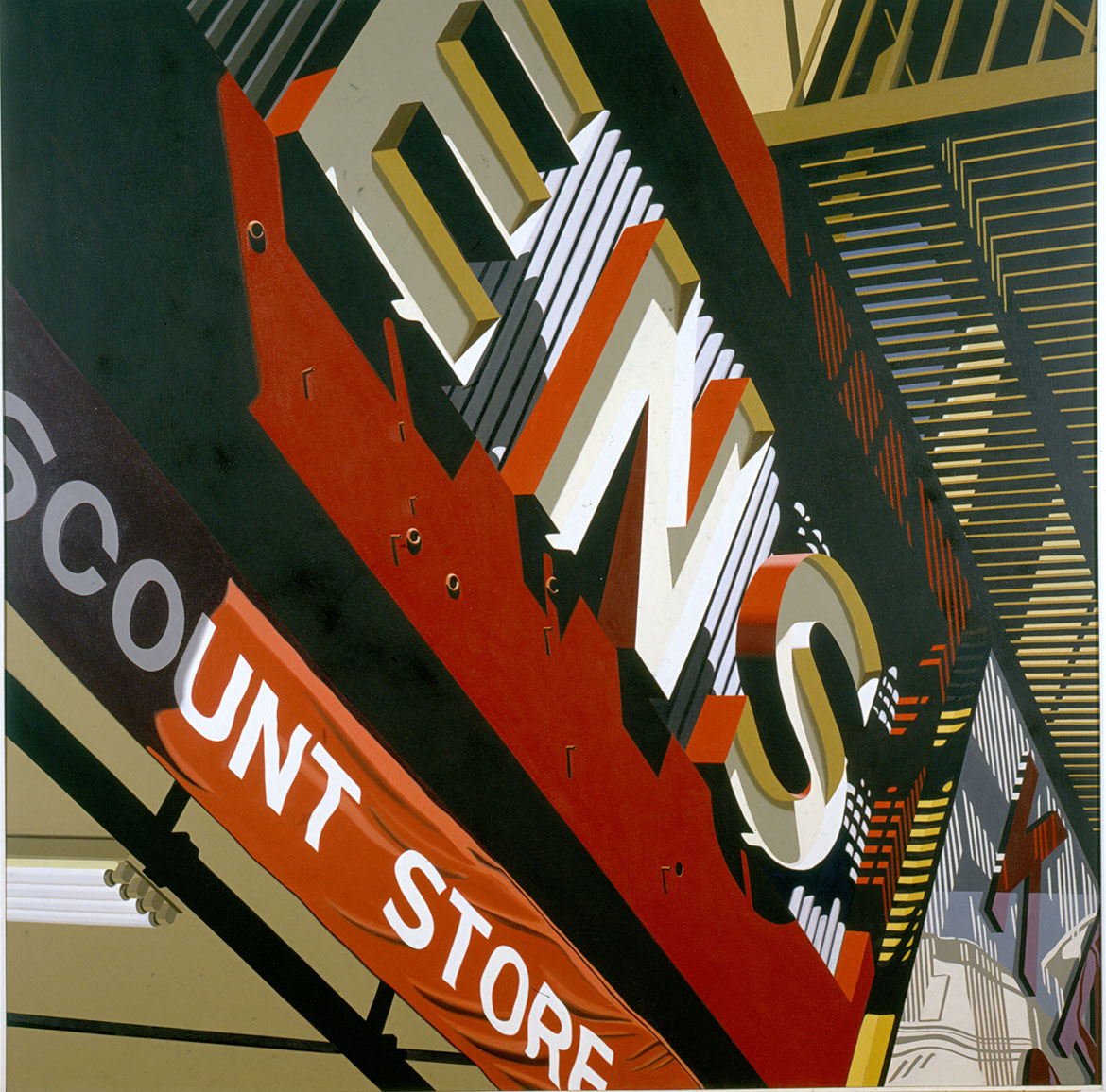 Robert Cottingham, Discount Store, 1970. Oil on canvas. Rose Art Museum, Brandeis University. Herbert W. Plimpton Collection, 1993.29.27. Charles Mayer Photography. Courtesy Rose Art Museum. © Robert Cottingham.