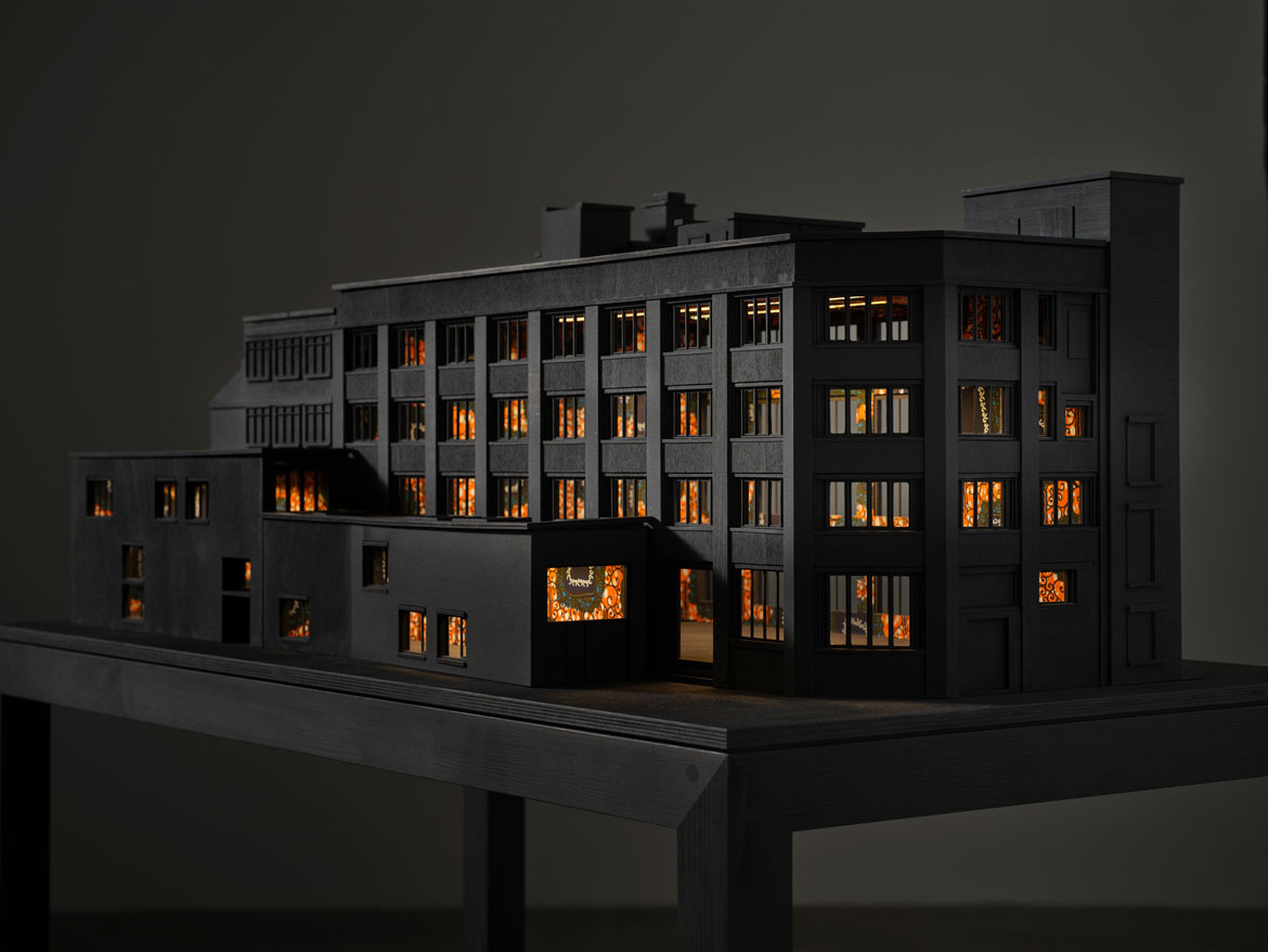 Model of Amnesty International in London from "Yinka Shonibare: Sanctuary" at Brandeis University’s Rose Art Museum, 2026.