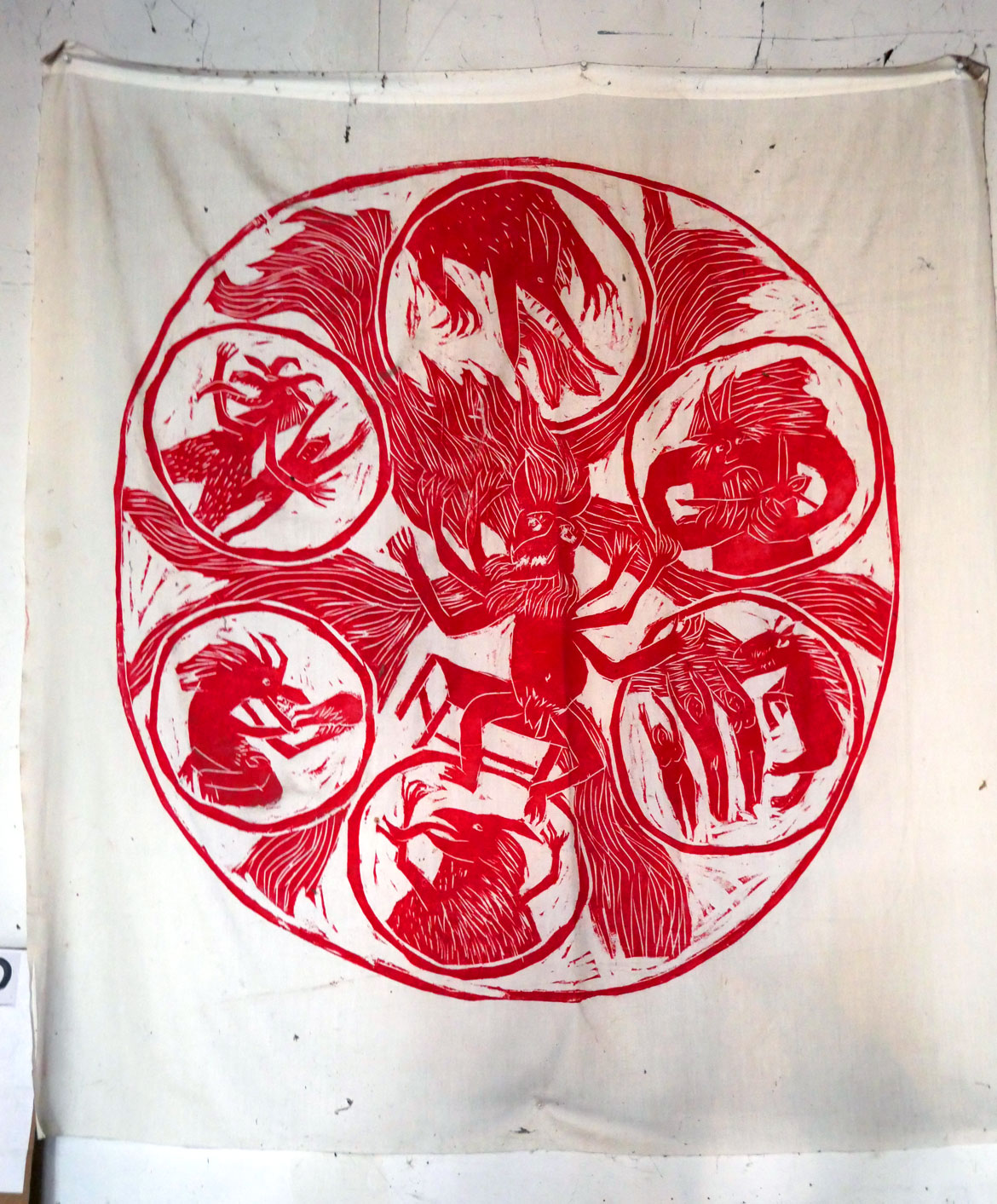 Banner from "Birdcatcher in Hell," a 1971 performance created in response to President Richard Nixon's pardon of Lt. Calley, the only US soldier convicted for the Vietnam War's My Lai Massacre, in Ballroom at Bread and Puppet Theater, Glover, Vermont, Feb. 8, 2026. (©Greg Cook photo)