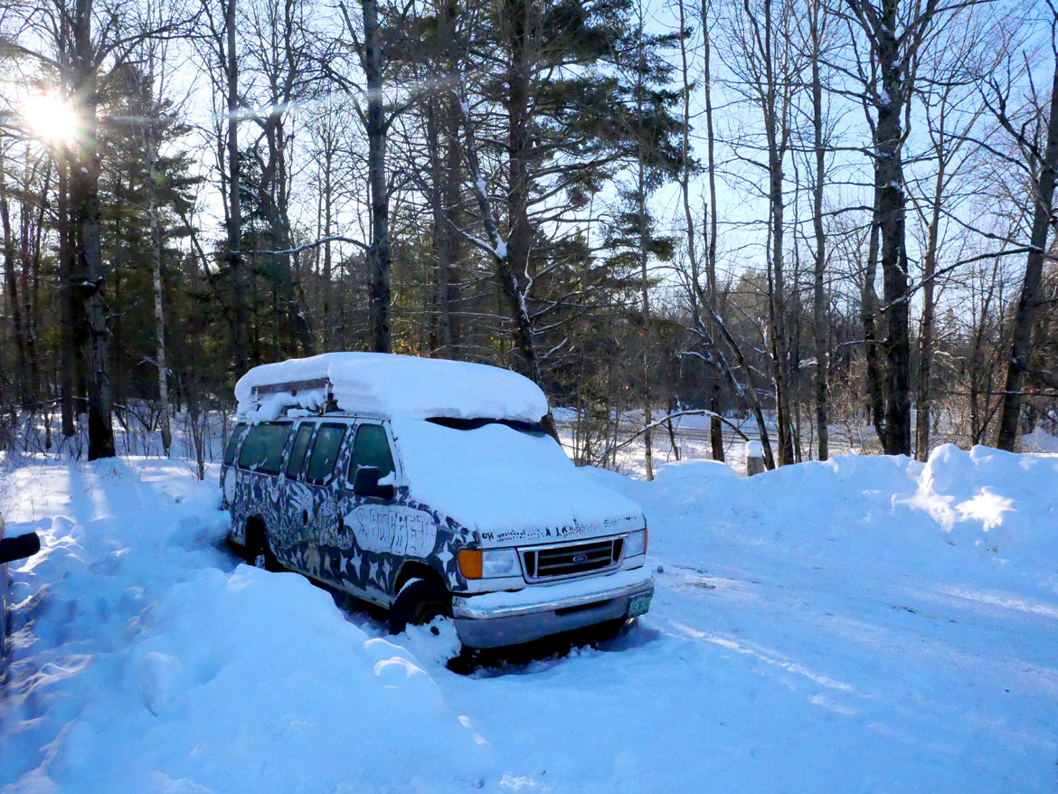 Bread and Puppet Theater van, Glover, Vermont, Feb. 9, 2026. (©Greg Cook photo)