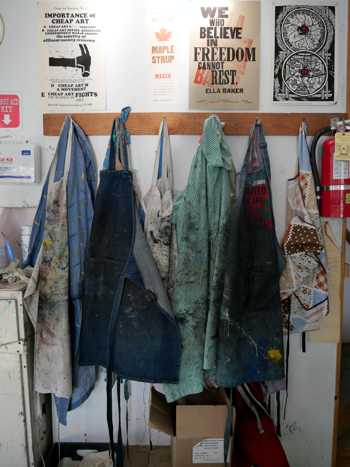 Inside Printshop at Bread and Puppet Theater, Glover, Vermont, Feb. 9, 2026. (©Greg Cook photo)