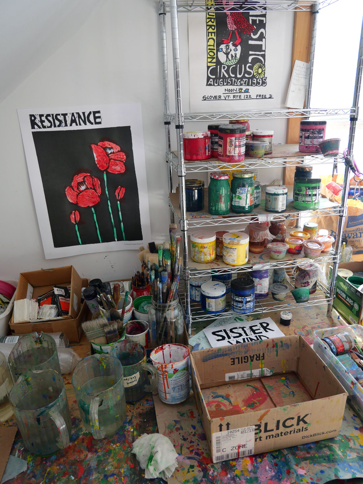 Painting room inside Printshop at Bread and Puppet Theater, Glover, Vermont, Feb. 9, 2026. (©Greg Cook photo)