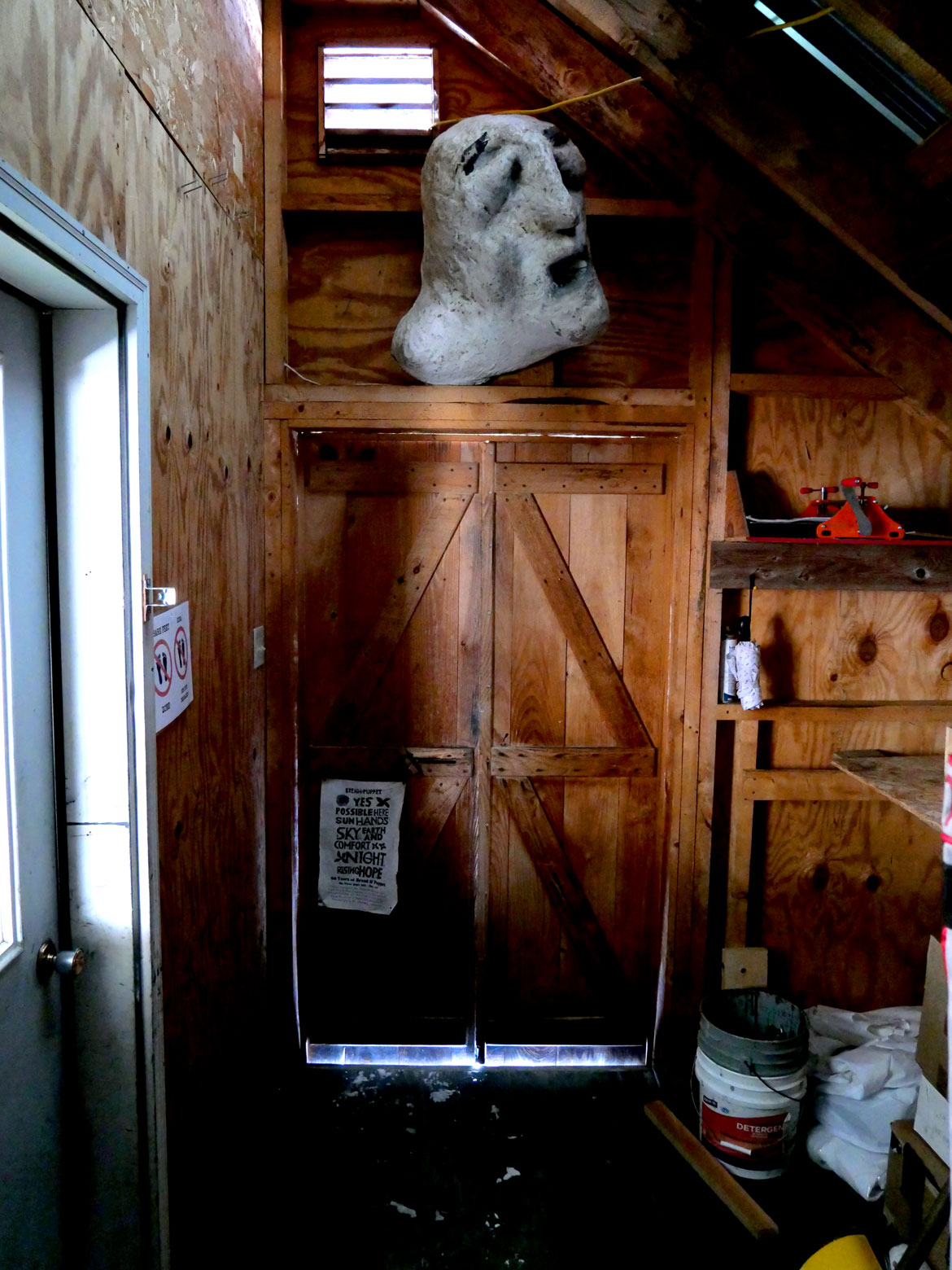 Inside Printshop at Bread and Puppet Theater, Glover, Vermont, Feb. 9, 2026. (©Greg Cook photo)