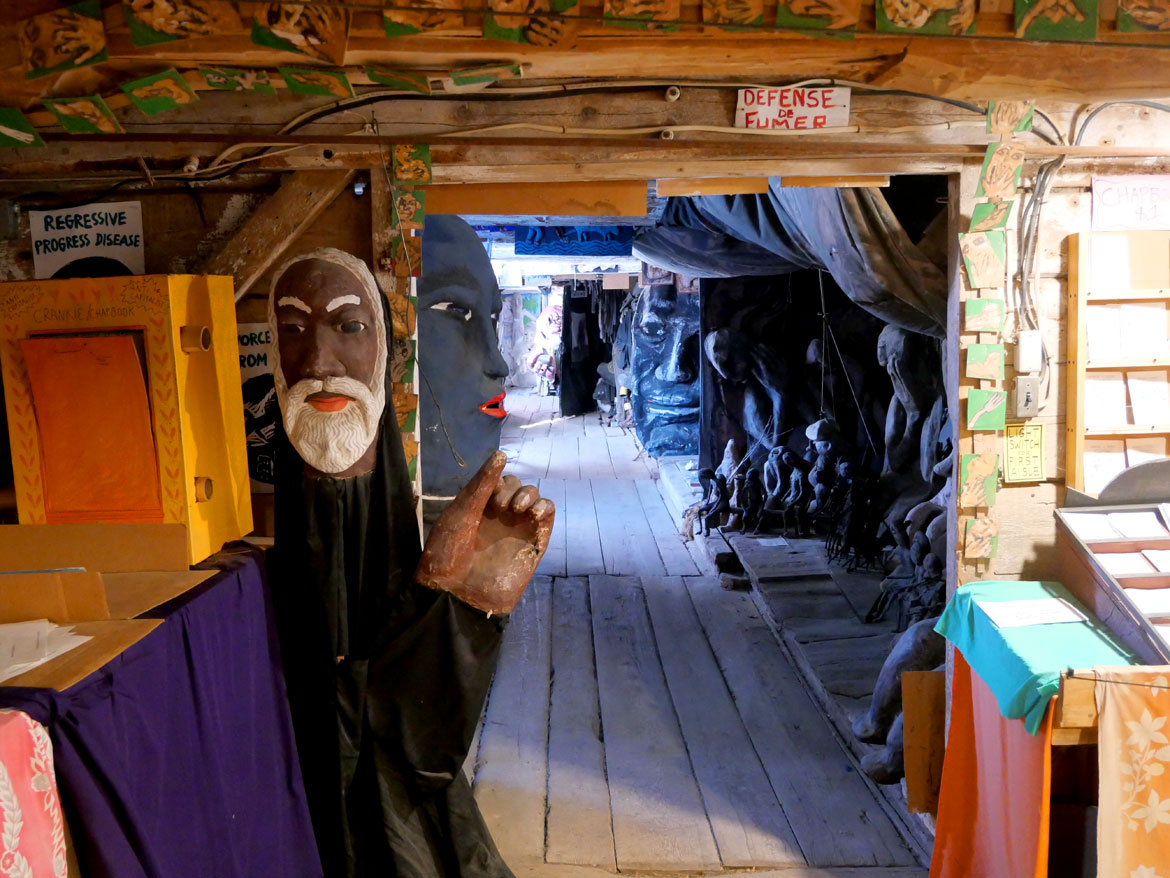 Inside unheated Bread and Puppet Theater Museum, Glover, Vermont, Feb. 9, 2026. (©Greg Cook photo)