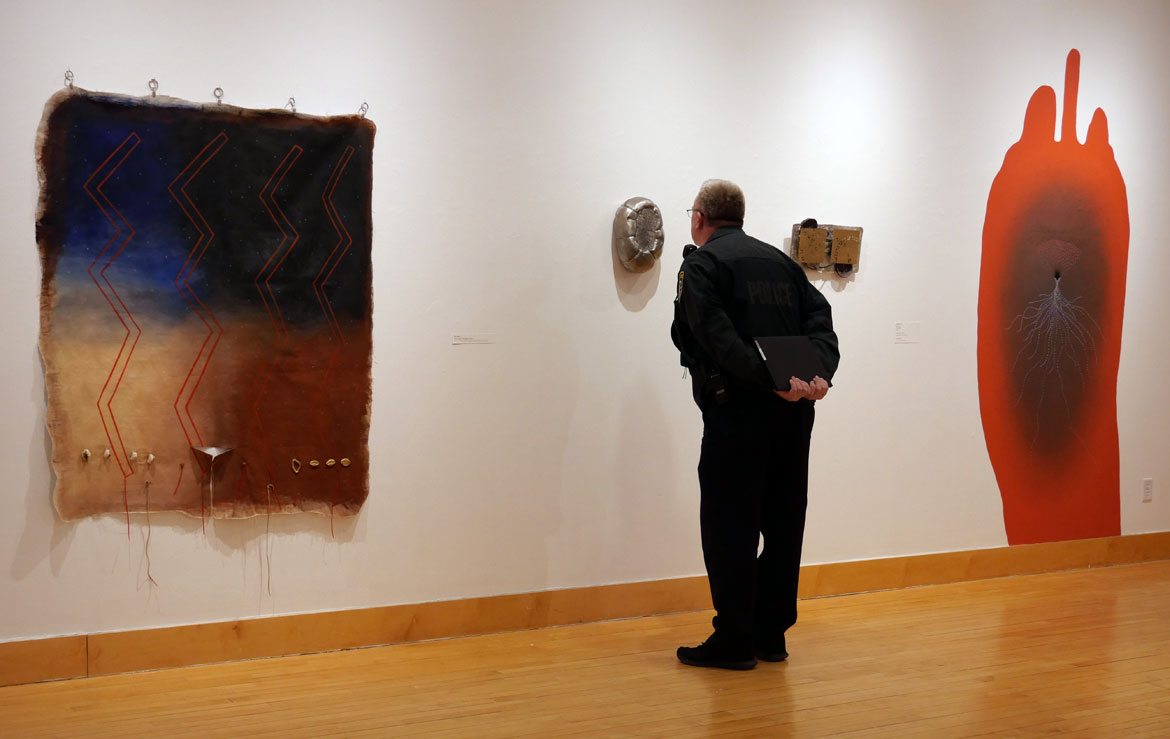 "Cosmic Threads" exhibition at Merrimack College's McCoy Art Gallery, February 2026. (©Greg Cook photo)