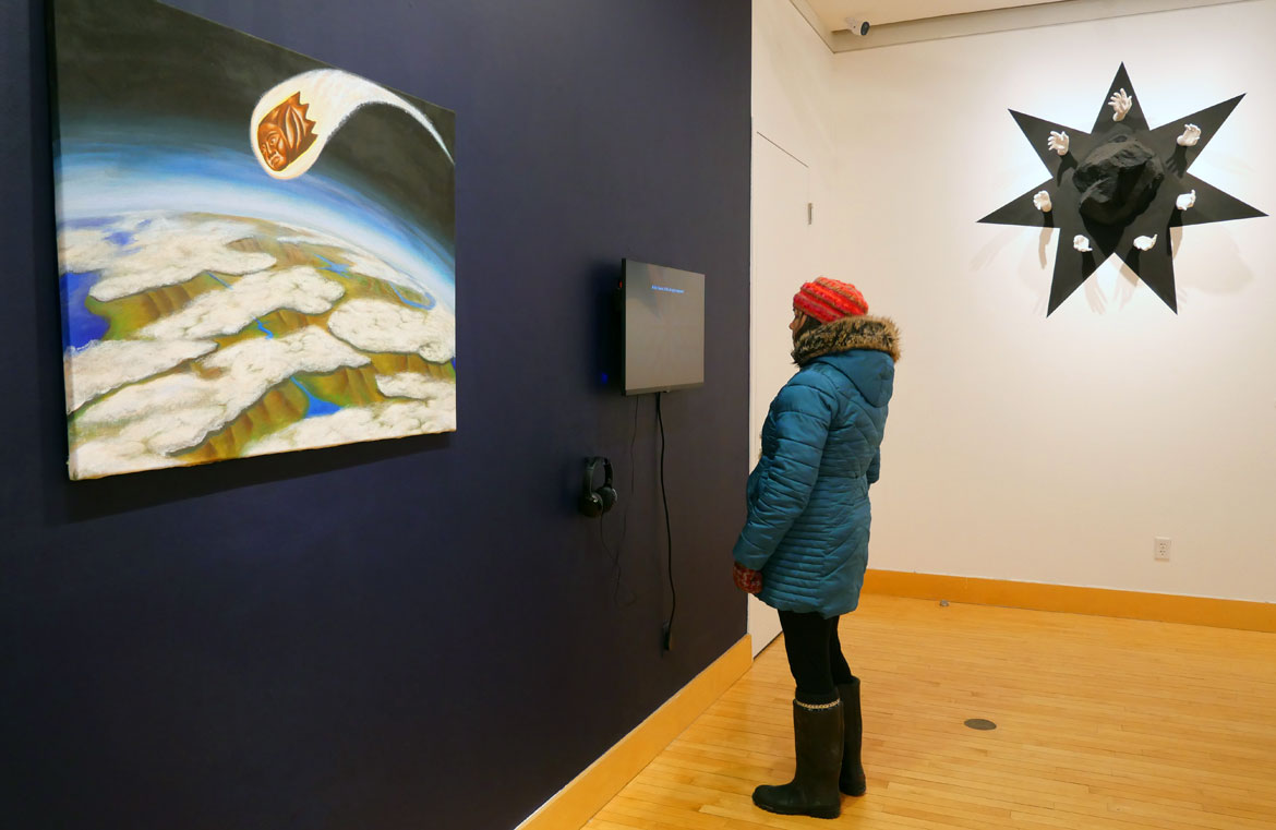 "Cosmic Threads" exhibition at Merrimack College's McCoy Art Gallery, February 2026. (©Greg Cook photo)