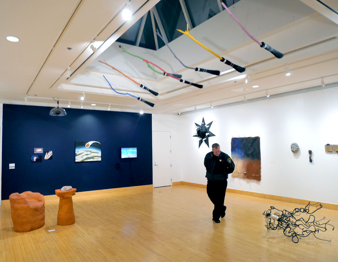 "Cosmic Threads" exhibition at Merrimack College's McCoy Art Gallery, February 2026. (©Greg Cook photo)