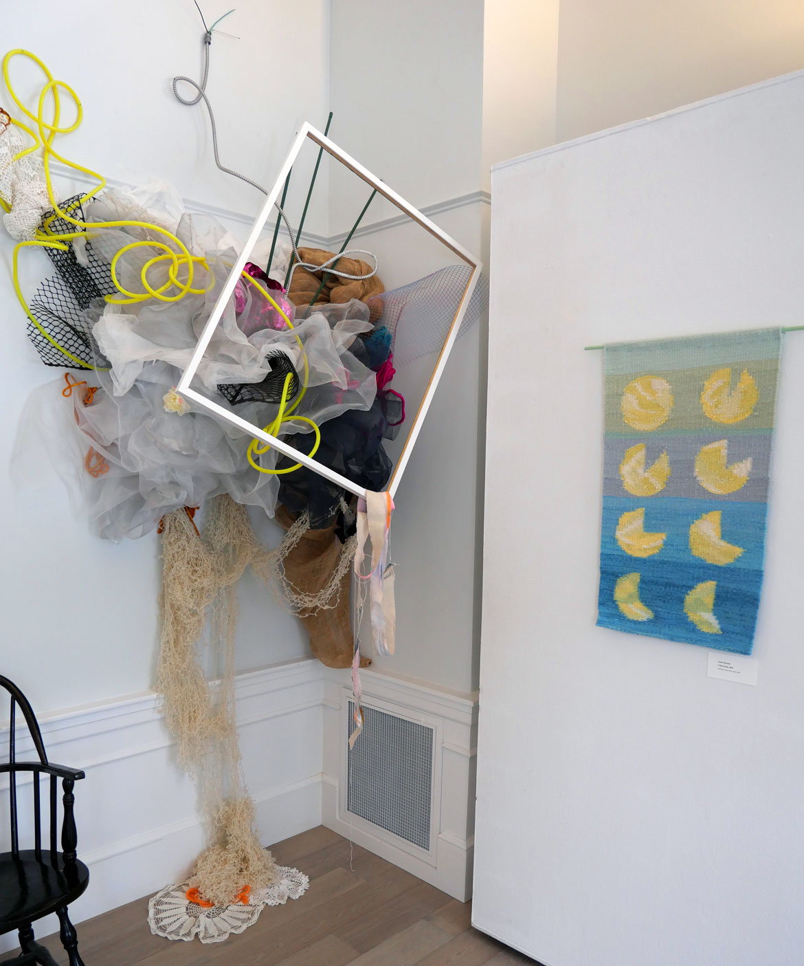 Cicely Carew, "Meaning made. Meaning maid," 2026 (left), and Carter Shocket, "T-Shot Clock," 2025.