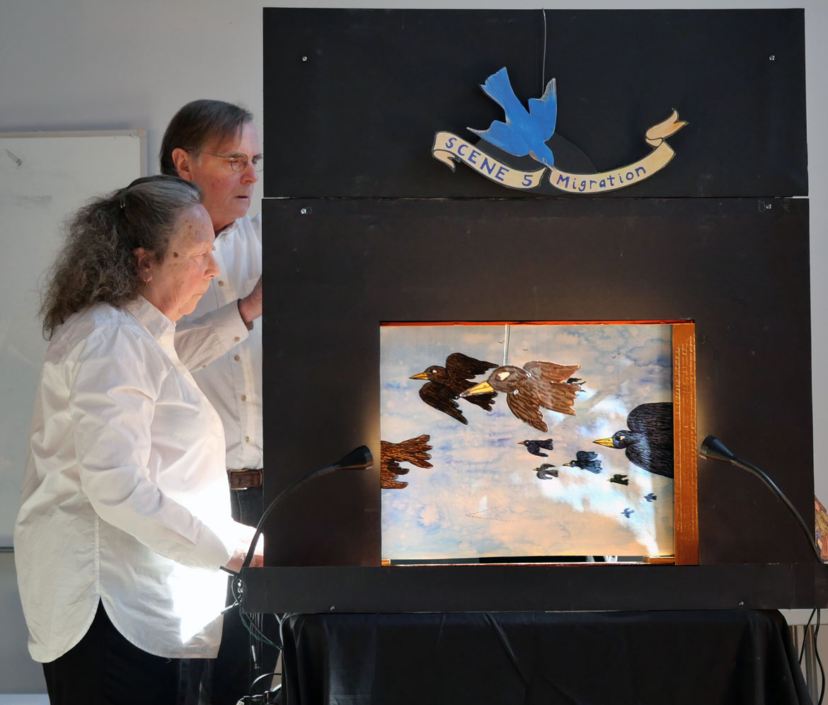 Trudi Cohen (left) and John Bell perform "Homecoming" at Mystic Activity Center, Somerville, March 21, 2026. (©Greg Cook photo)