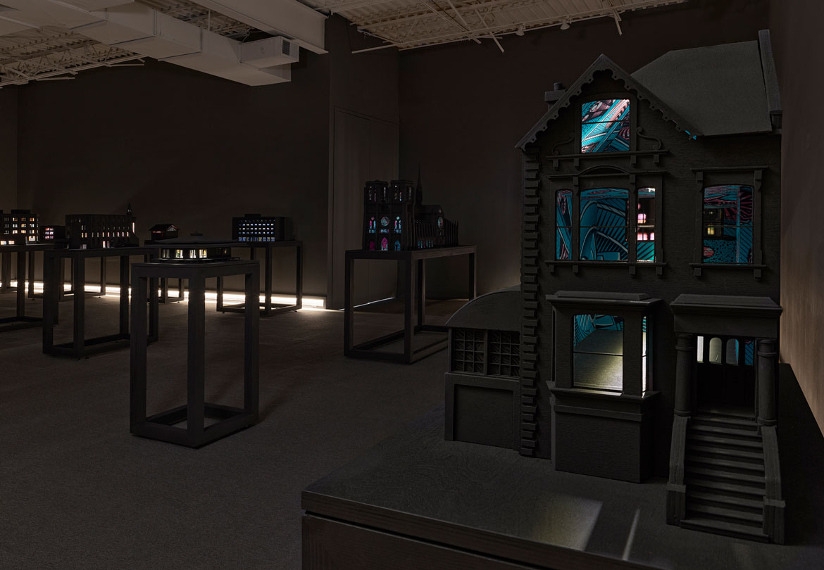 Model of Chiswick Women’s Aid Refuge in London (at right) from "Yinka Shonibare: Sanctuary" at Brandeis University’s Rose Art Museum, 2026.