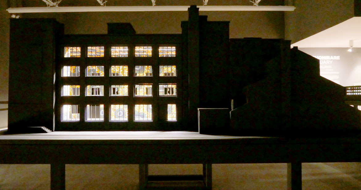Model of Amnesty International in London, United Kingdom, from "Yinka Shonibare: Sanctuary" at Brandeis University’s Rose Art Museum, 2026. (Greg Cook photo)
