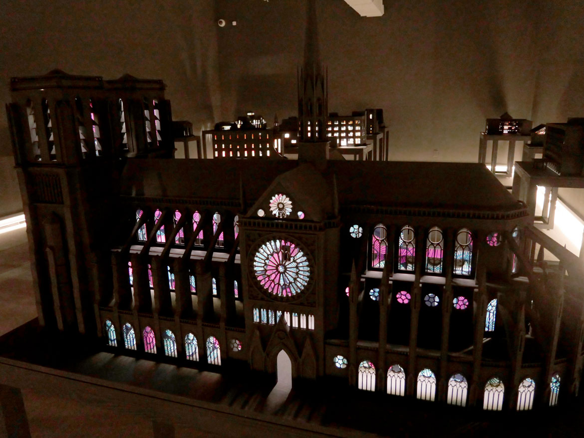 Model of Notre-Dame cathedral in Paris from "Yinka Shonibare: Sanctuary" at Brandeis University’s Rose Art Museum, 2026. (Greg Cook photo)