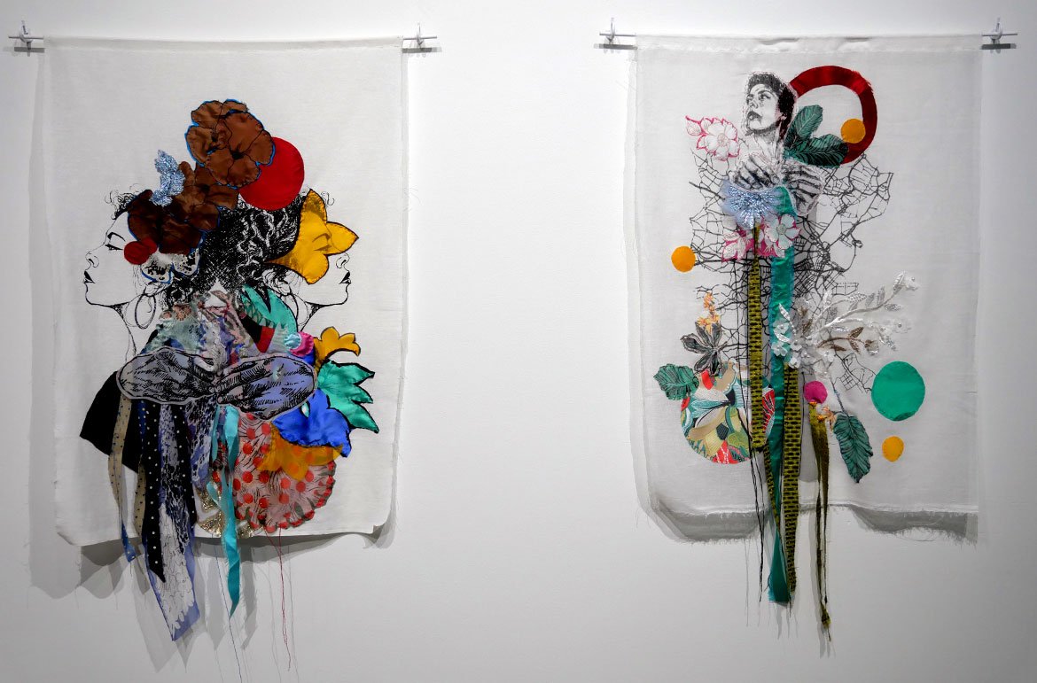Silvia Lopez Chavez, "Los Dos Silvias (Two Silvias" (left) and "Creciendo dr Nuevo (Growing Anew)," fabric, silkscreen inks on tussor, albanene, beads, silk threads, and poly.