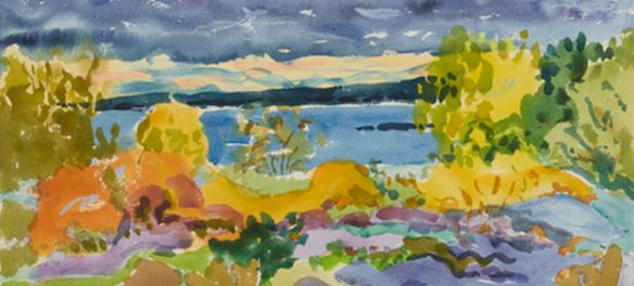 Nell Blaine, "Bright Fall, Dark Clouds," 1981, watercolor on paper. (Courtesy Tibor de Nagy Gallery)