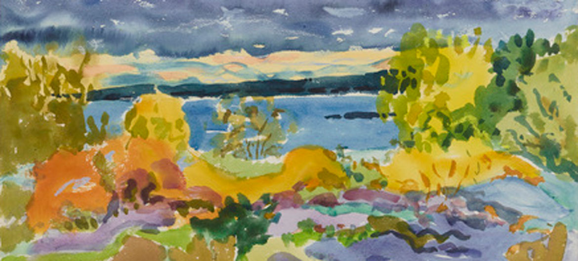 Nell Blaine, "Bright Fall, Dark Clouds," 1981, watercolor on paper. (Courtesy Tibor de Nagy Gallery)