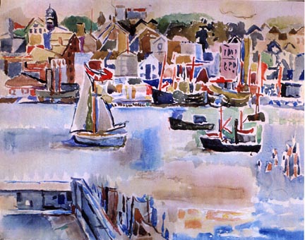 Nell Blaine, "Gloucester Harbor from Rocky Neck," 1954, watercolor on paper. (Courtesy Tibor de Nagy Gallery)