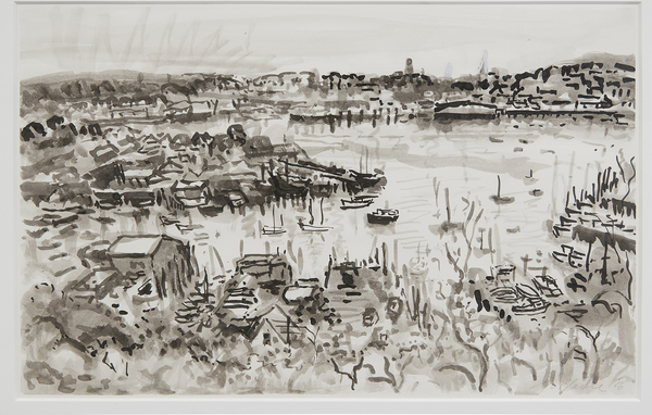 Nell Blaine, "The Harbor from Banner Hill," 1986, india ink and wash. (Courtesy Tibor de Nagy Gallery)