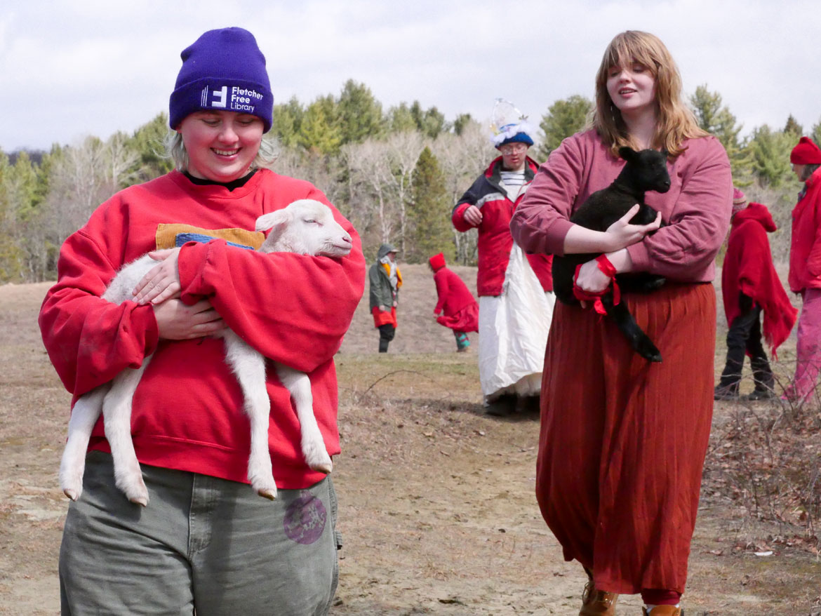Arriving for the "Spring Ritual" at Bread and Puppet Theater, Glover, Vermont, April 11, 2026. (©Greg Cook photo)