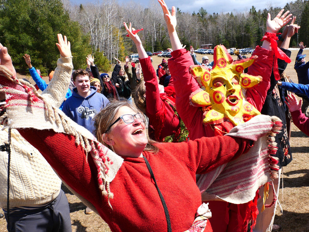 Maria Schumann leading the "Spring Ritual" at Bread and Puppet Theater, Glover, Vermont, April 11, 2026. (©Greg Cook photo)