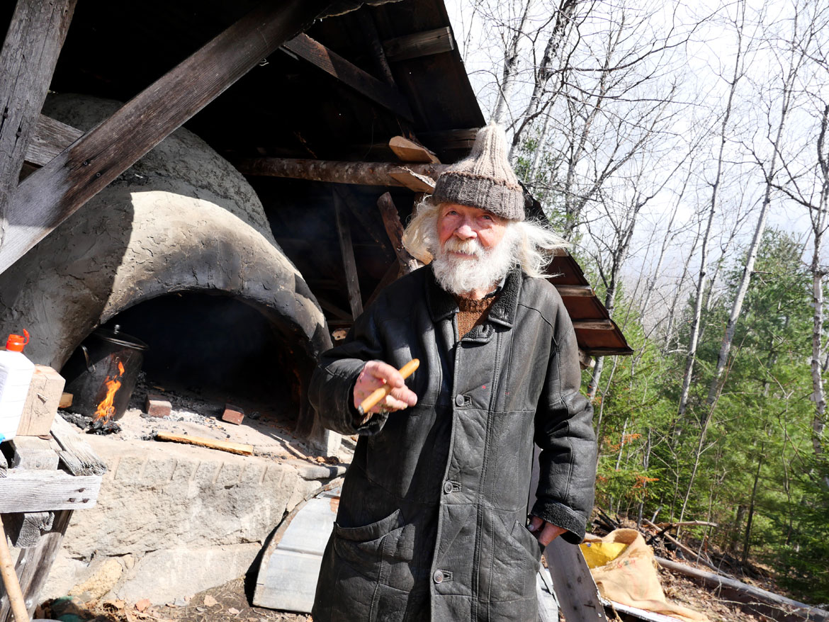 Peter Schumann at the Bread Oven after the "Spring Ritual" at Bread and Puppet Theater, Glover, Vermont, April 11, 2026. (©Greg Cook photo)
