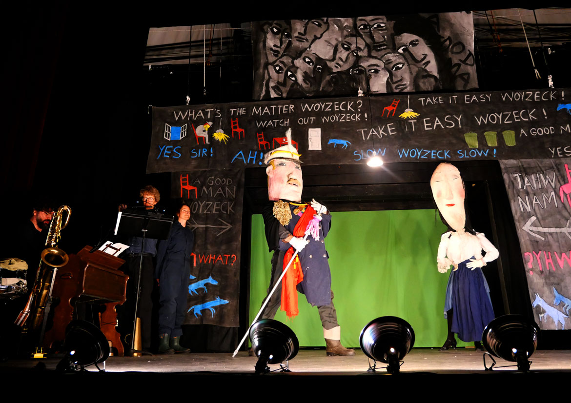 Bread and Puppet Theater performs "Woyzeck" at Kimball Union Academy, Meriden, New Hampshire, April 19, 2026. (©Greg Cook photo)