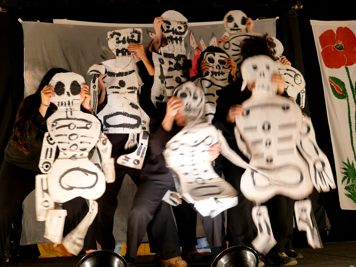 Bread and Puppet Theater's "The End of the World Never Minding Show!" at Somerville's Center for the Arts at the Armory, April 22, 2026. (©Greg Cook photo)