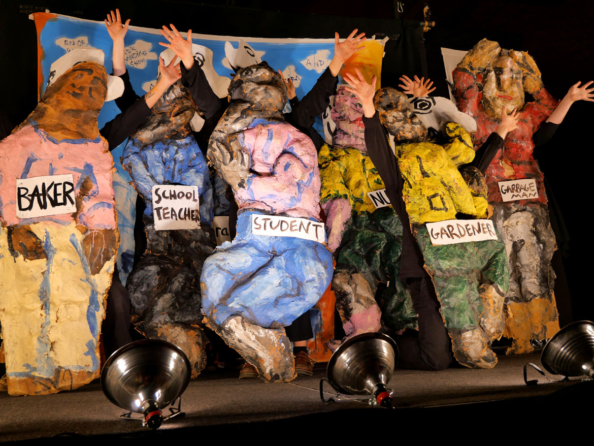 Bread and Puppet Theater's "The End of the World Never Minding Show!" at Somerville's Center for the Arts at the Armory, April 22, 2026. (©Greg Cook photo)