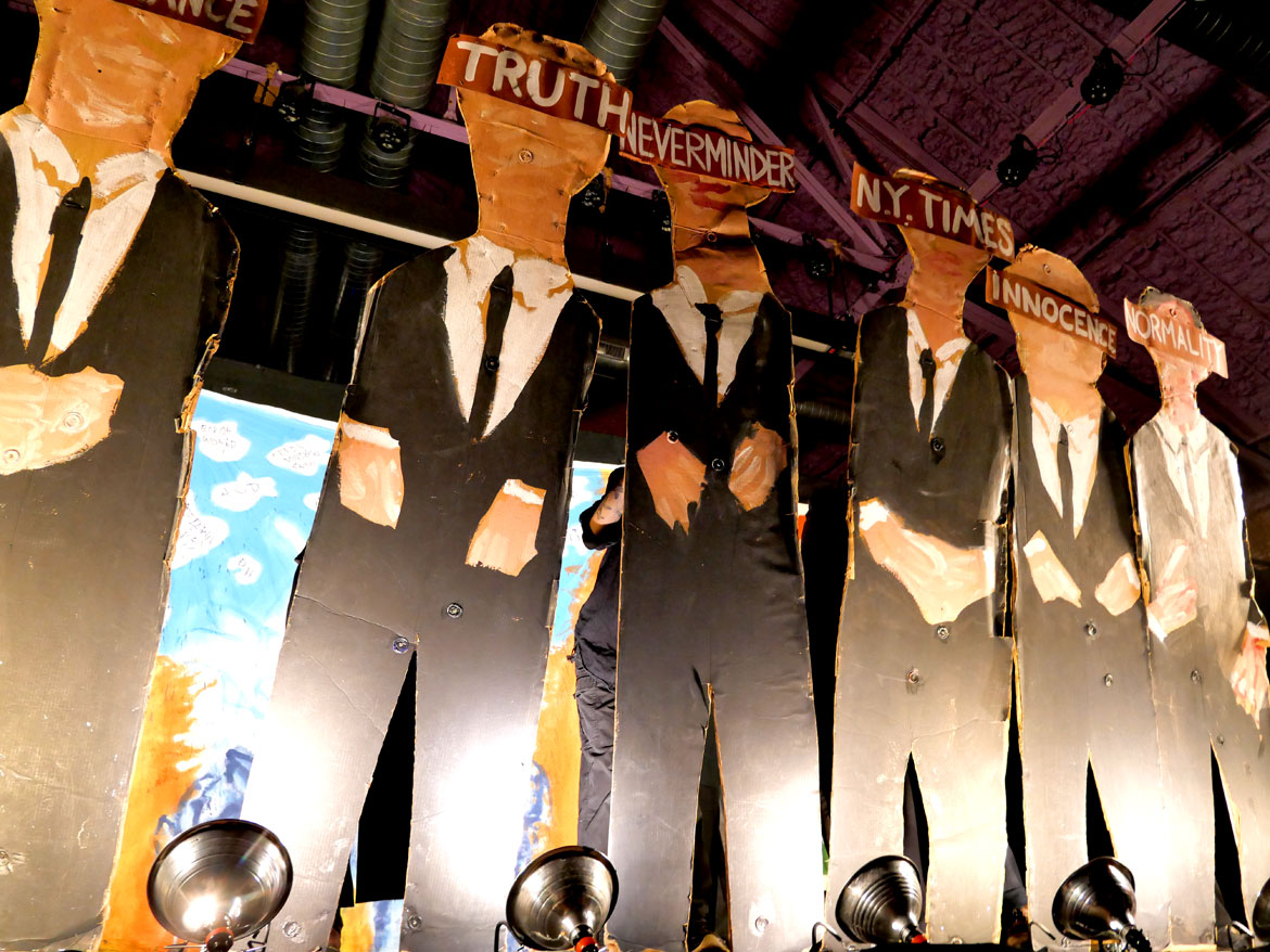 Bread and Puppet Theater's "The End of the World Never Minding Show!" at Somerville's Center for the Arts at the Armory, April 22, 2026. (©Greg Cook photo)