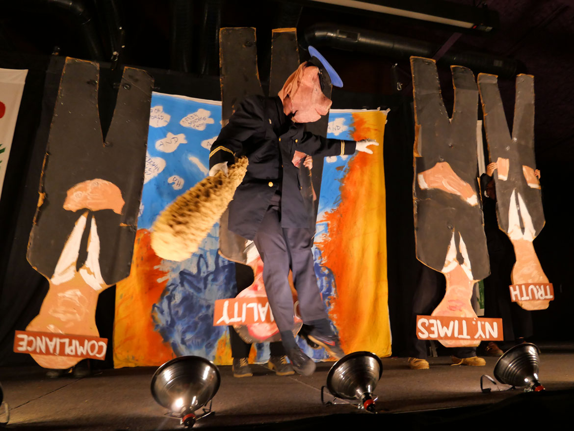 Bread and Puppet Theater's "The End of the World Never Minding Show!" at Somerville's Center for the Arts at the Armory, April 22, 2026. (©Greg Cook photo)