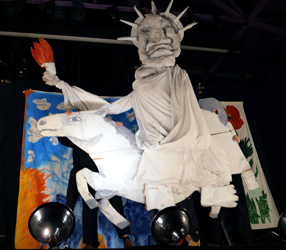 Bread and Puppet Theater's "The End of the World Never Minding Show!" at Somerville's Center for the Arts at the Armory, April 22, 2026. (©Greg Cook photo)