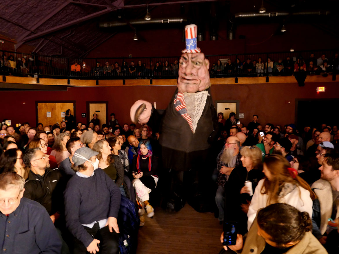 Bread and Puppet Theater's "The End of the World Never Minding Show!" at Somerville's Center for the Arts at the Armory, April 22, 2026. (©Greg Cook photo)